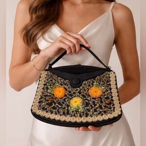 Vintage Caron Beaded Clutch Purse Floral Hand Decorated Black Evening Bag